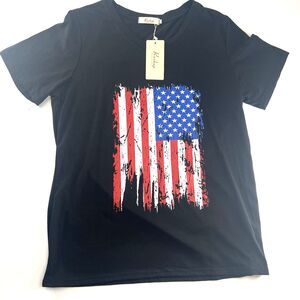 Roshop Distressed American Flag Black T-Shirt Women’s Size L